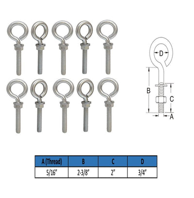 10 Pieces Stainless Steel 5/16" x 2" Turned Eye Bolt Rigging Ring Loop Lift Mount Fully Threaded 90 Lb Cap