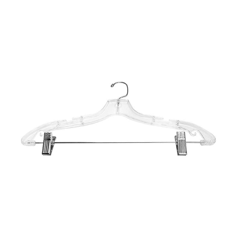 50 PC Clear Plastic Clothes Hangers Hanging Uniform Suit Trouser Metal Swivel Zinc Clips & Hook 17"