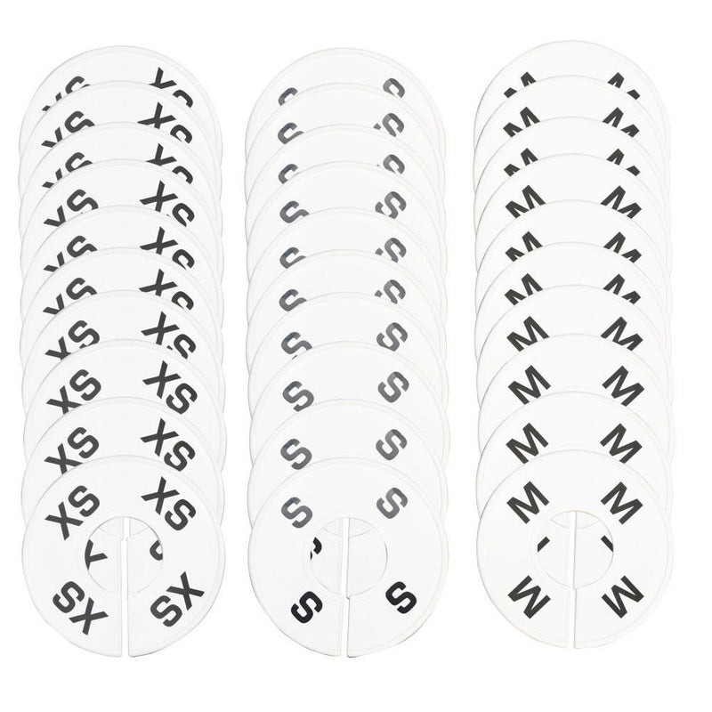 60 PC Clothing Rack Sizes Marks Dividers Ring Hangers  XS S M L XL XXL White Plastic Round Retail Store