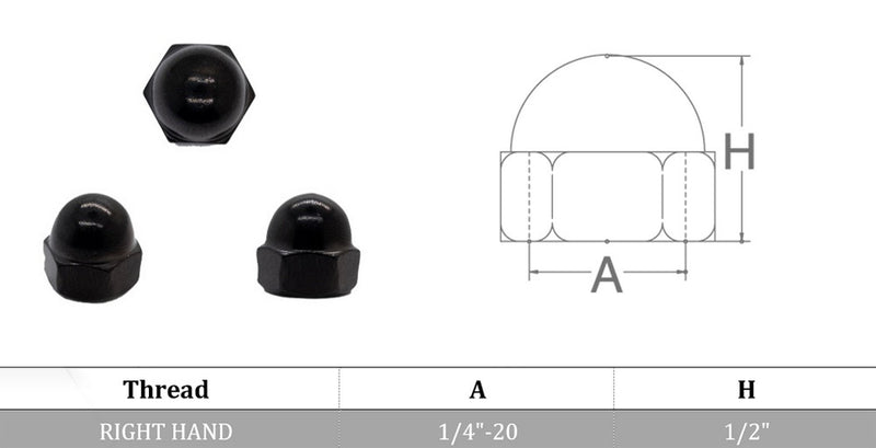 1/4" Acorn Hex Cap Dome Head Nuts, Right Hand Stainless Steel, Black Oxide
