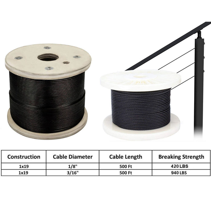 1/8", 3/16" Marine Grade Stainless Steel Cable 500FT,Wire Rope 1x19 Cable Railing Deck
