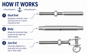 Marine T316 Stainless Steel Jaw And Swage Stud Turnbuckle 1/4" Thread for 1/8" Cable