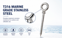 Marine T316 Stainless Steel 3/8" x 4" Screw Lag Eye Bolt