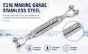 Marine T316 Stainless Steel 1/2" x 6" Jaw Jaw Turnbuckle Tensioner Pulley 2,200 Lbs WLL