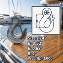 Marine T316 Stainless Steel Eye Slip Hook, Drop Forged Rigging Hook for Chain, Rope, Cable, Dock - PACK 4