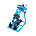 Electric hydraulic pipe bender with blue steel frame and mounted pipe bending dies.