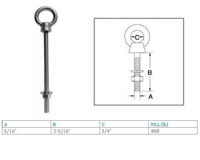 Marine T316 Stainless Steel Fully Threaded Shoulder Eye Bolt