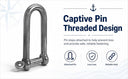 Marine T316 Stainless Steel 1/4" Captive Pin Long D Shackle 750 Lbs WLL