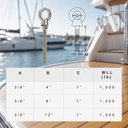 T316 Stainless Steel Marine Shoulder Eye Bolt, 3/8" Fully Threaded Eye Screw in 4", 6", and 12" Lengths