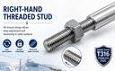 Marine T316 Stainless Steel 3/8" Thread Lifeline Threaded Stud Right Hand For 1/4" Cable Rail Wire Rope