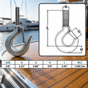 Marine T316 Stainless Steel Threaded Shank Hook, Drop Forged Hook for Rigging, Rope, Chain, and Cable - PACK 4