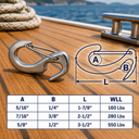 T316 Stainless Steel Open End Spring Snap Tack Hook, Marine Sail Snap Hook for Rope, Line, Rigging - PACK 4