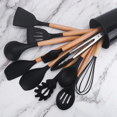 Black Silicone Kitchen Utensil Spatula Spoon Pasta Serving Tong Whisk 12 Pc Set
