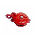 Close-up of red 3 ton snatch block used in hoist and rigging setups