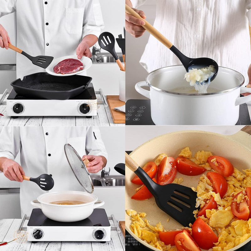 Black Silicone Kitchen Utensil Spatula Spoon Pasta Serving Tong Whisk 12 Pc Set