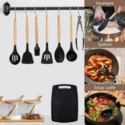 Black Silicone Kitchen Utensil Spatula Spoon Pasta Serving Tong Whisk 12 Pc Set
