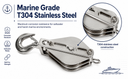 T304 Stainless Steel 3" Double Sheave Swivel Hook Block For 3/16" Cable Wire Rope 1,450 Lbs WLL