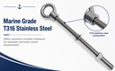 Marine T316 Stainless Steel 7/8" x 9" Shoulder Eye Bolt 5,800 Lbs WLL