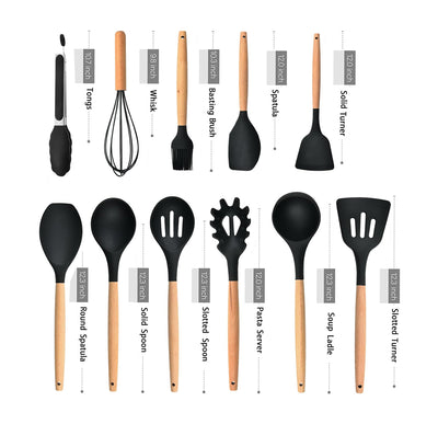 Black Silicone Kitchen Utensil Spatula Spoon Pasta Serving Tong Whisk 12 Pc Set