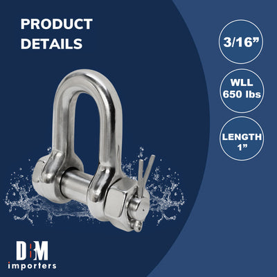 5 PC Stainless Steel 3/16" Marine Bolt Screw Pin Chain Shackle D Anchor 500 LB