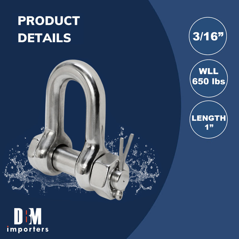 5 PC Stainless Steel 3/16" Marine Bolt Screw Pin Chain Shackle D Anchor 500 LB