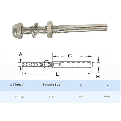 Stainless Steel Swage Threaded Stud End Fitting for 1/8",1/4",3/16" Cable Size