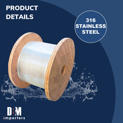 1/8" Stainless Steel 316 Wire Rope 500ft, T316 Steel Wire Cable, Deck Railing 7x19 Strands Construction, 1300LBS Breaking Strength for Stair Handrail Clothesline