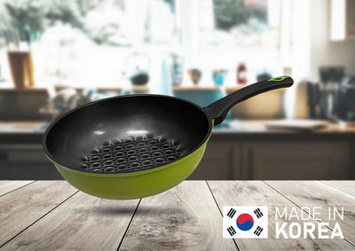 3D Green Bubble Diamond Coating Nonstick Wok 11" Diameter Cooking Pan Made in Korea