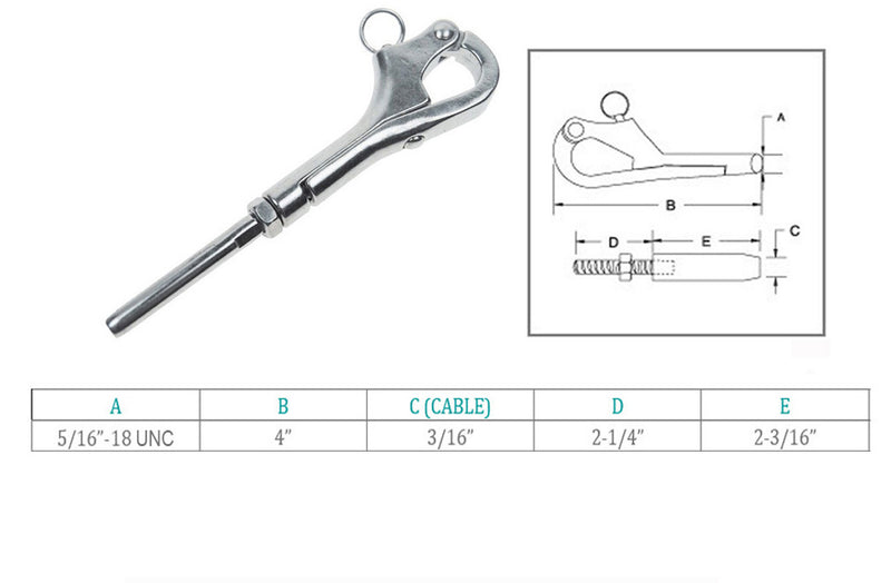 Stainless Steel Thread 4" Pelican Hook Shackle For 3/16" Cable Wire Boat Yacht