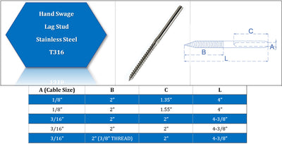 10 Set of Combo PC 1/8" Lag Stud Swage And Swage Tensioner  Lag Screw Combo Stainless Steel 316
