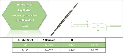 10 Set of Combo PC 1/8" Lag Stud Swage And Swage Tensioner  Lag Screw Combo Stainless Steel 316