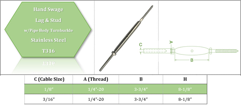 10 Set of Combo PC 1/8" Lag Stud Swage And Swage Tensioner  Lag Screw Combo Stainless Steel 316