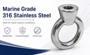 5 Pcs 3/8" T316 Stainless Steel Eye Nut – 1,000 lb Lifting Eye Nut UNC Thread for Marine, Boat, Rigging & Lifting Applications