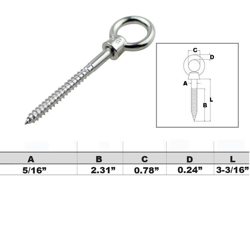 5 PC 5/16" x 3-3/16" Stainless Steel SS 316 Screw Lag Eye Bolt 3/4" Eye Diameter