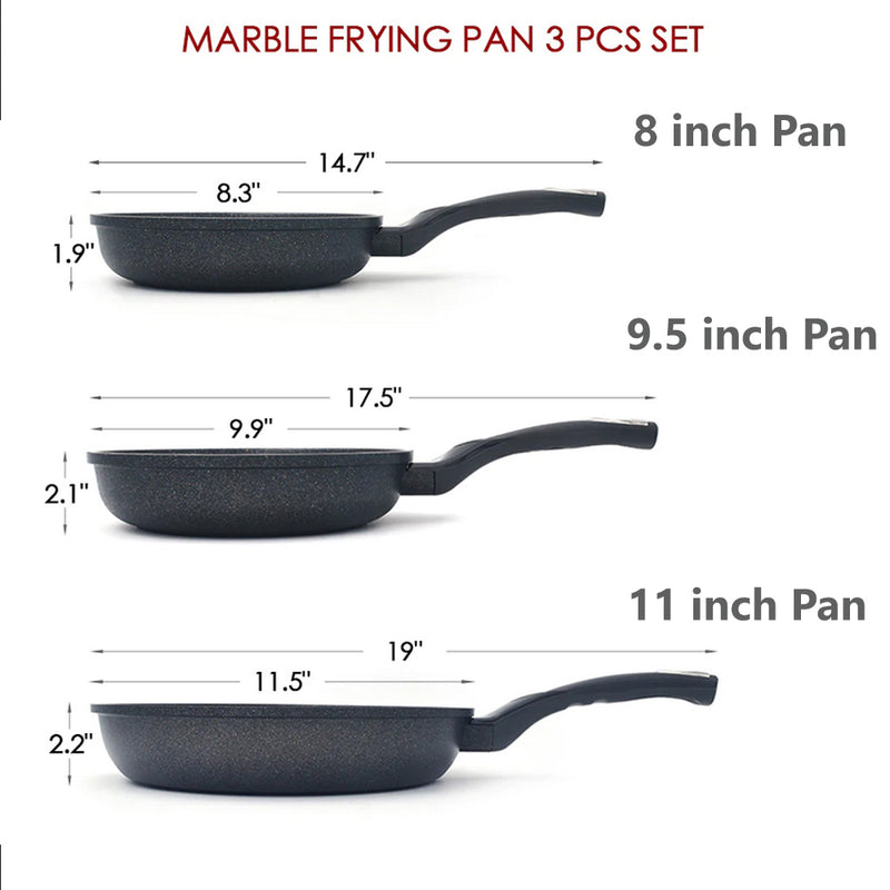 8", 9.5", 11" Marble Coating Frying Pan Set, Nonstick Skillets Made In Korea