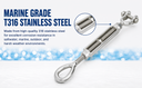 Mil-spec T316 Stainless Steel 3/4" x 6" Jaw Eye Turnbuckle 5200 Lbs WLL