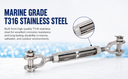 Mil Spec Stainless Steel T316 Drop Forged 1/4" x 4" Jaw Jaw Turnbuckle 500 Lbs WLL