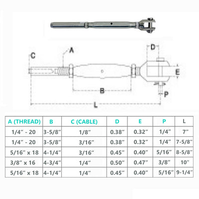 Marine Thread Fork & Swage Stud Turnbuckle For 1/8", 3/16", 1/4" Cable Stainless Steel T316