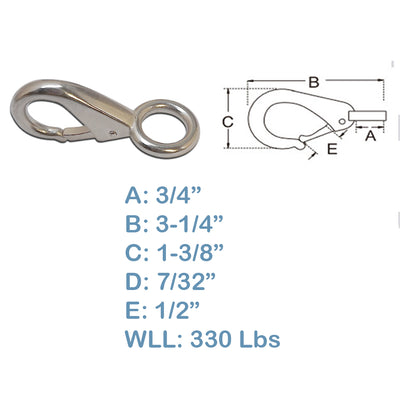 5 PC Stainless Steel 3/4" Marine Boat Fixed Eye Fast Snap Hook Key Chain 330 LB