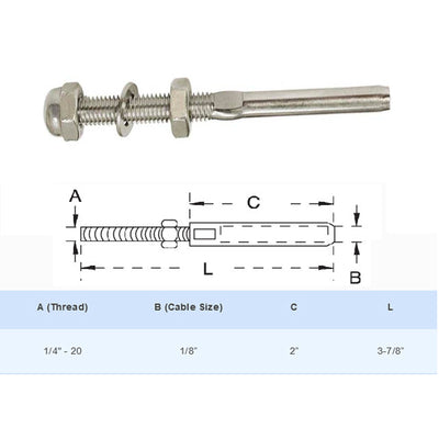 50 PCS 316 Stainless Steel Right Hand Swage Threaded Stud End Fitting for 1/8" Cable