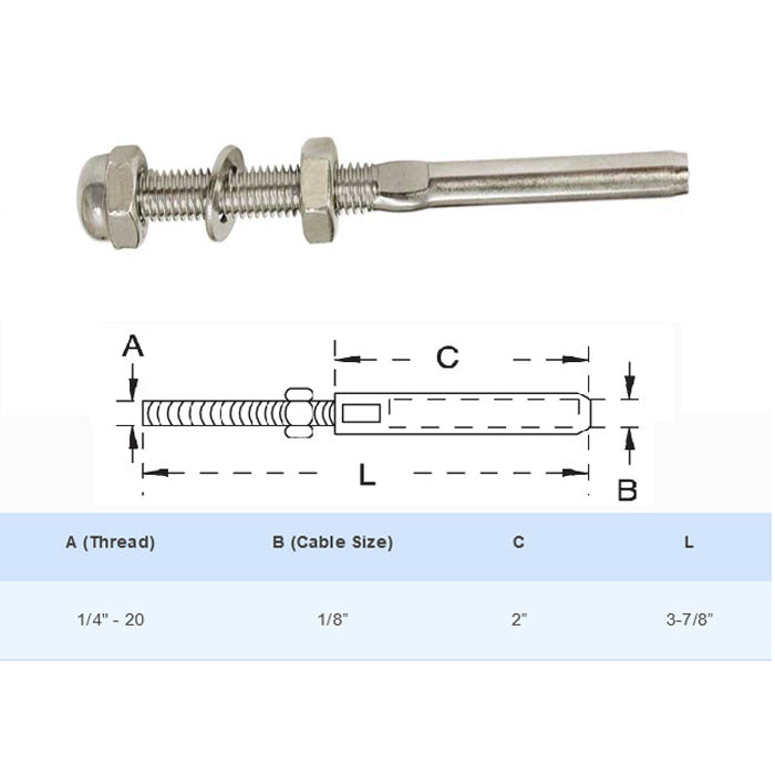 50 PCS 316 Stainless Steel Right Hand Swage Threaded Stud End Fitting for 1/8" Cable