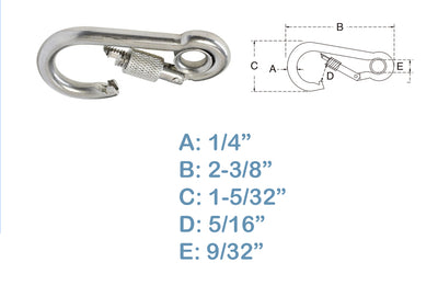 5 PC 1/4" Stainless Steel Carabiner Spring Snap Hook Eyelet & Screw 250 LB Cap