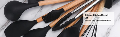 Black Silicone Kitchen Utensil Spatula Spoon Pasta Serving Tong Whisk 12 Pc Set