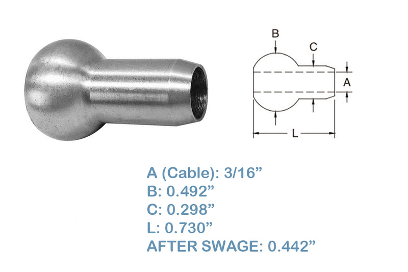 Single Shank Ball Set 10 PC 3/16” Stainless Steel 316 Swage Fitting Terminal Cable Wire Rope