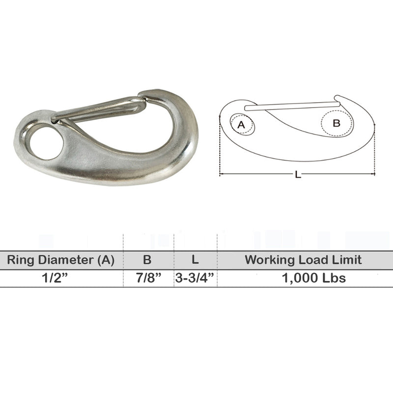 3-3/4"  Gate Snap Hook Carabiner SS316 For Boat Rigging 1,000 Lbs