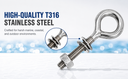 Marine T316 Stainless Steel 1/4" x 1-9/16" Welded Plain Eye Bolt 400 Lbs WLL