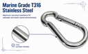 5 Pcs Marine T316 Stainless Steel 1/2" Carabiner Spring Snap Hook Marine 800 Lbs WLL