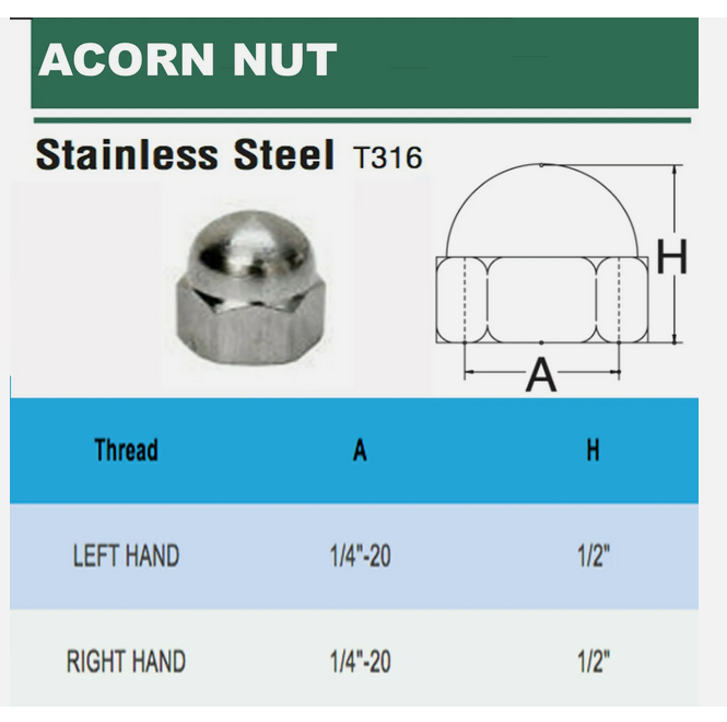 10 PC 1/4" Stainless Steel 316 Cap Acorn Nut Hex Left Hand UNC Marine Cap Nut