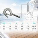 1/2" 5/8" 3/4" 7/8" Marine Boat T316 Stainless Steel Threaded Shank Hook, Drop Forged Hook for Rigging, Rope, Chain, and Cable