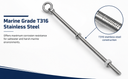 4 Pcs Marine T316 Stainless Steel 1/4" x 12" Shoulder Eye Bolt 400 Lbs WLL
